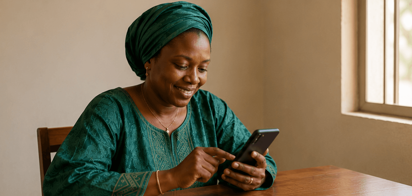 Une femme consulte sa tontine am am sur son téléphone, chez elle.